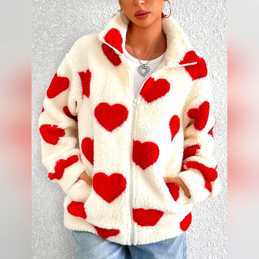 Heart Zip Up Drop Shoulder Furry Jacket. A Just Jen Brand